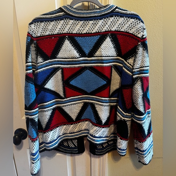 H&M Label Graded Goods Red White Blue Geometric Patchwork Cardigan Sweater Sz L - Picture 7 of 9